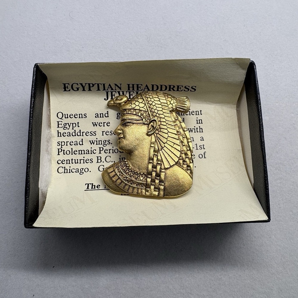 Vintage Brass Repousse Egyptian Revival Cleopatra‎ Brooch Pin In Box